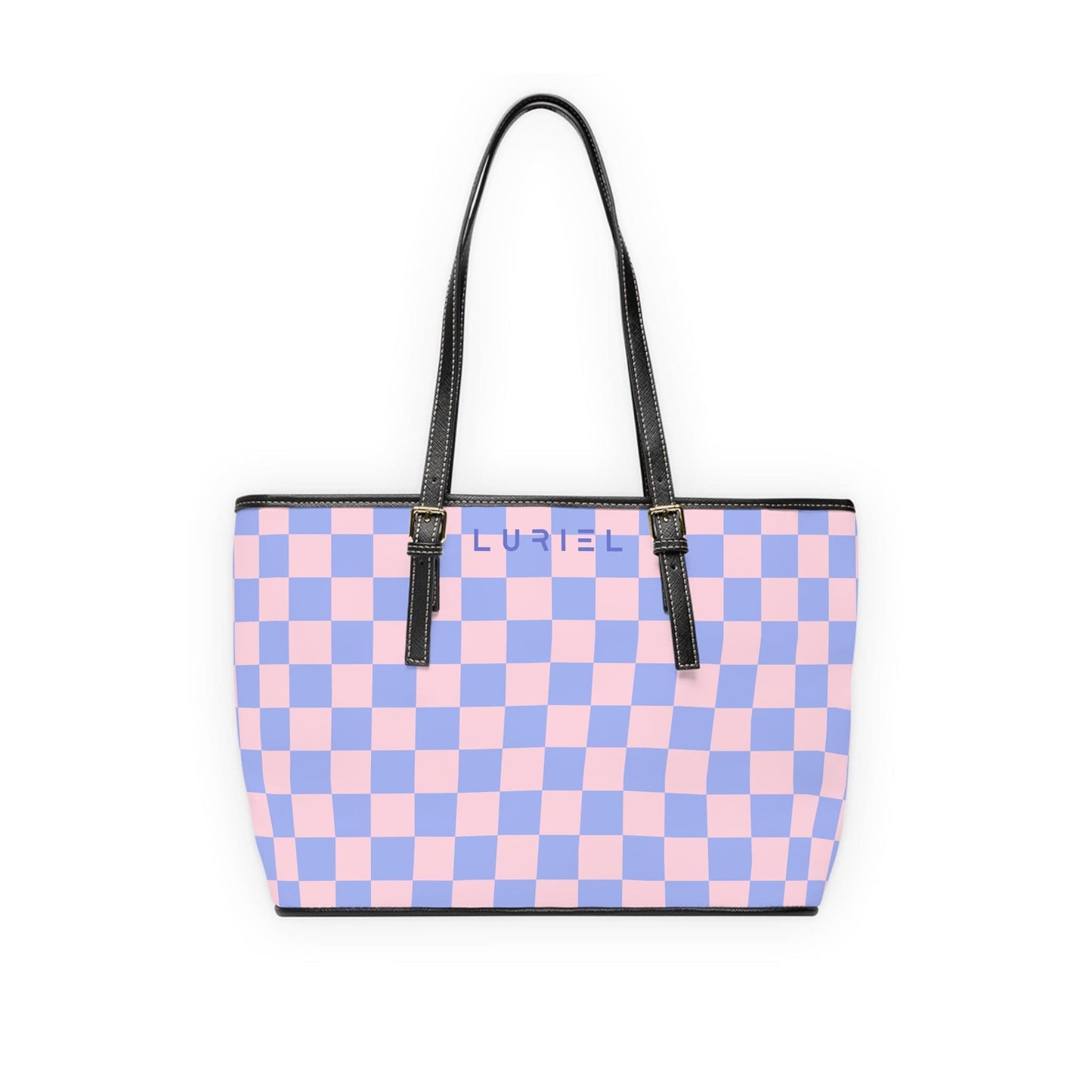 Bags 16" x 10" / Black Checkered Pink Skies Women's Vegan Leather Tote Bag