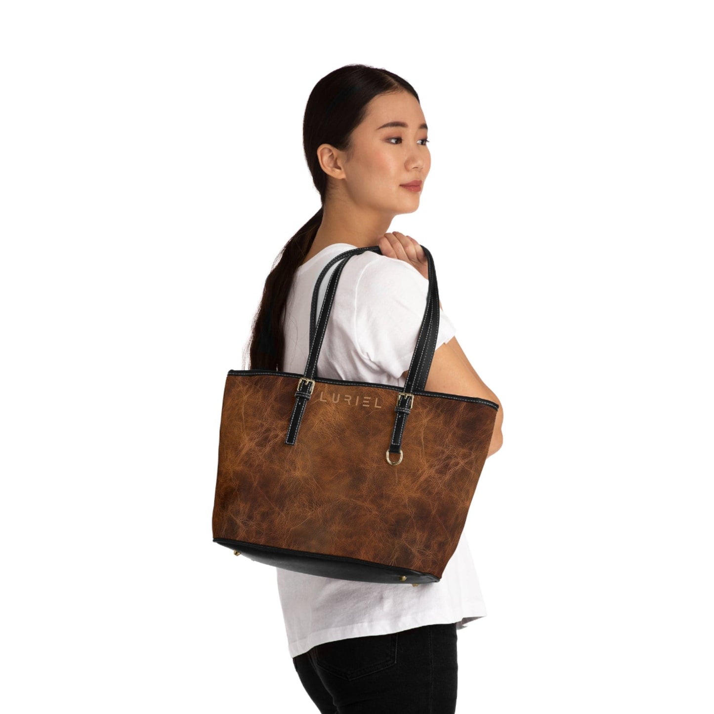 Bags 16" x 10" / Black Chestnut Brown Aged Leather Women's Vegan Leather Tote Bag