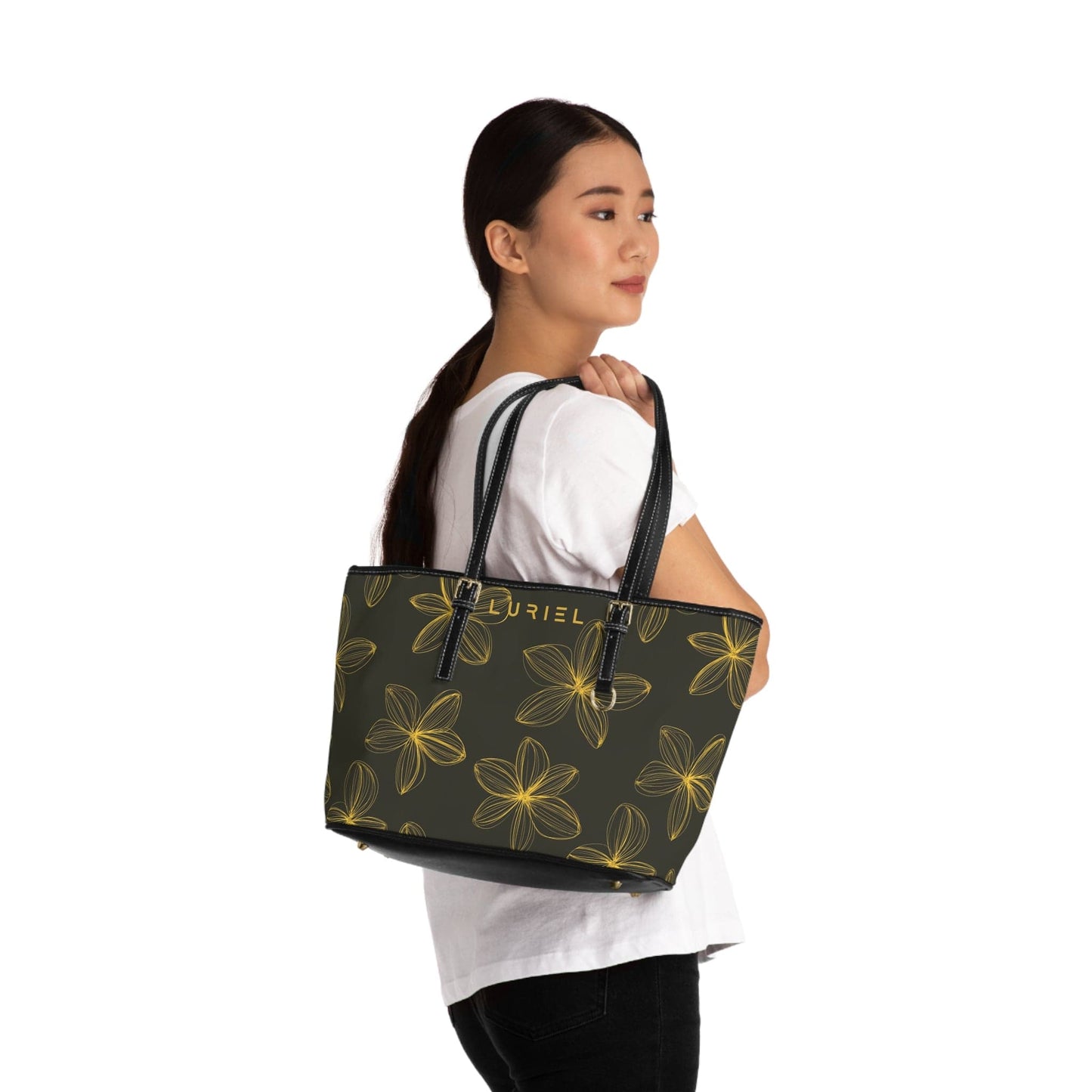Bags 16" x 10" / Black Floral Aesthetic Women's Vegan Leather Tote Bag