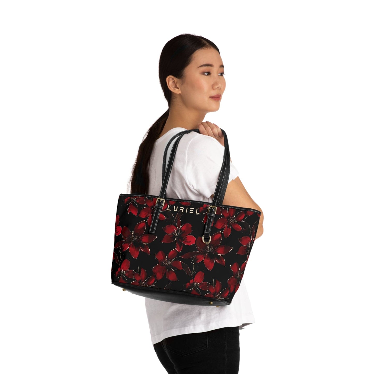 Bags 16" x 10" / Black Moonlit Blooms Women's Vegan Leather Tote Bag