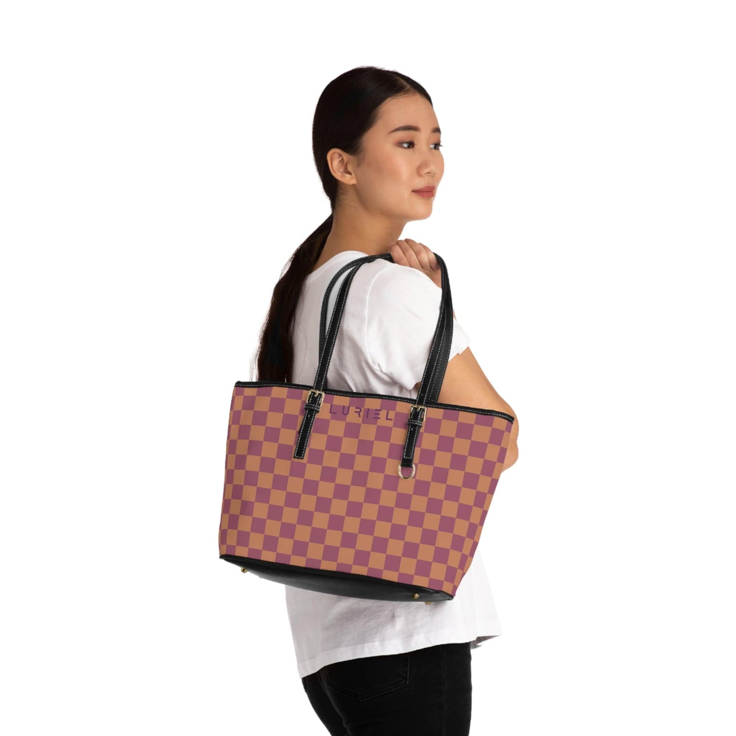 Bags 16" x 10" / Black Rosewood Checkered Women's Vegan Leather Tote Bag