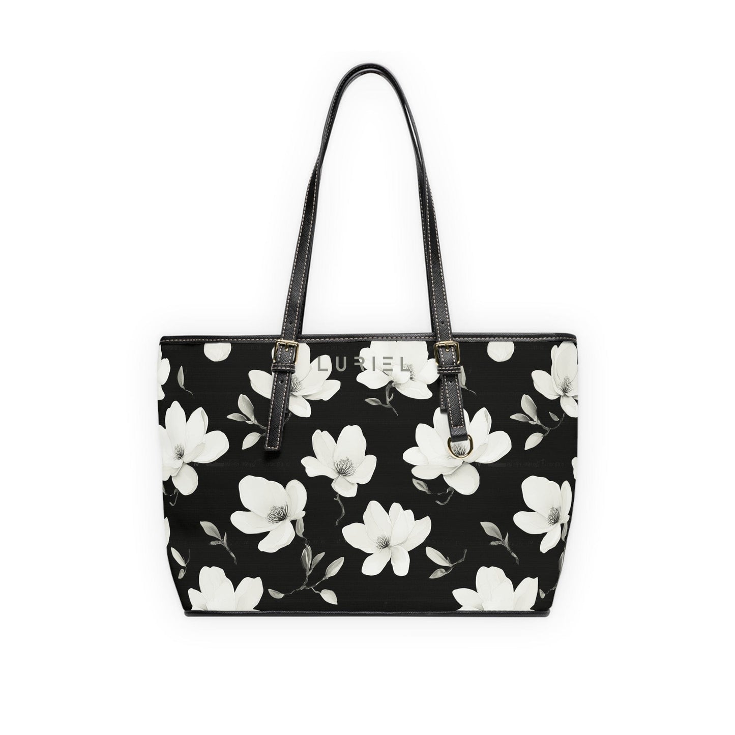 Bags 16" x 10" / Black White Lotus Women's Vegan Leather Tote Bag