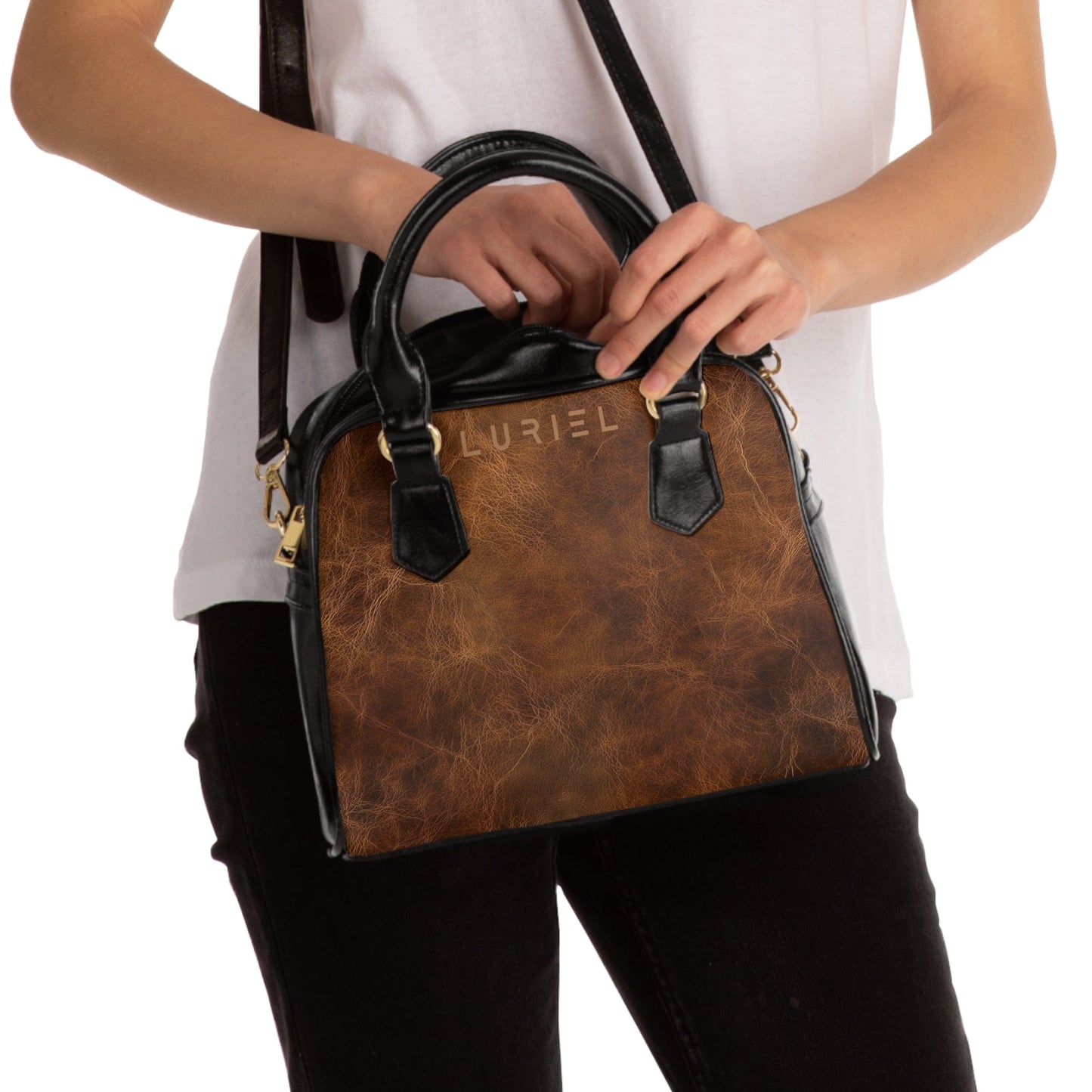 Bags 9.45" x 8.27" / Black Chestnut Brown Aged Leather Women's Vegan Leather Shoulder Bag