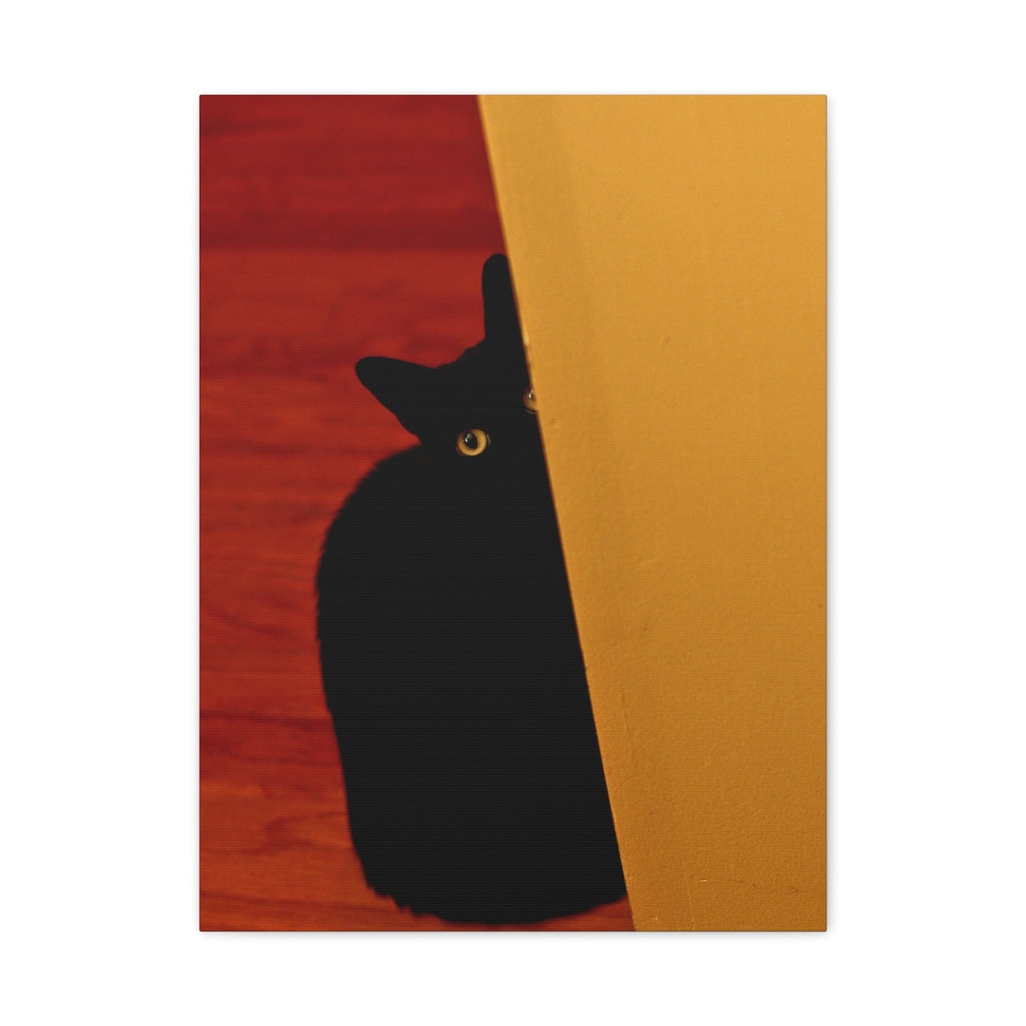 Canvas 18″ x 24″ (Vertical) / 1.25" Black Cat With Yellow Eyes Peeking Out Of A Wall, Stretched Matte Canvas