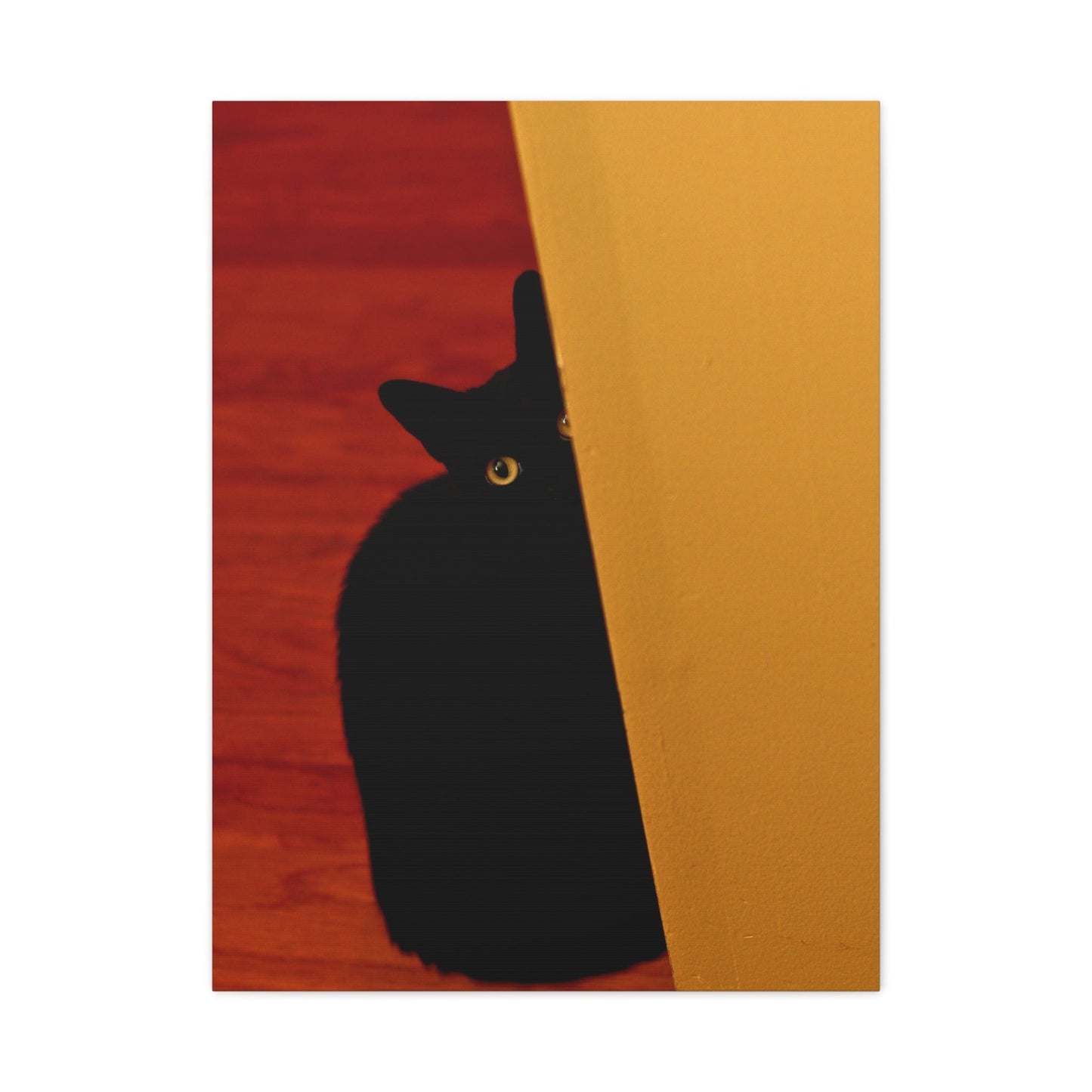 Canvas 24" x 32" (Vertical) / 1.25" Black Cat With Yellow Eyes Peeking Out Of A Wall, Stretched Matte Canvas