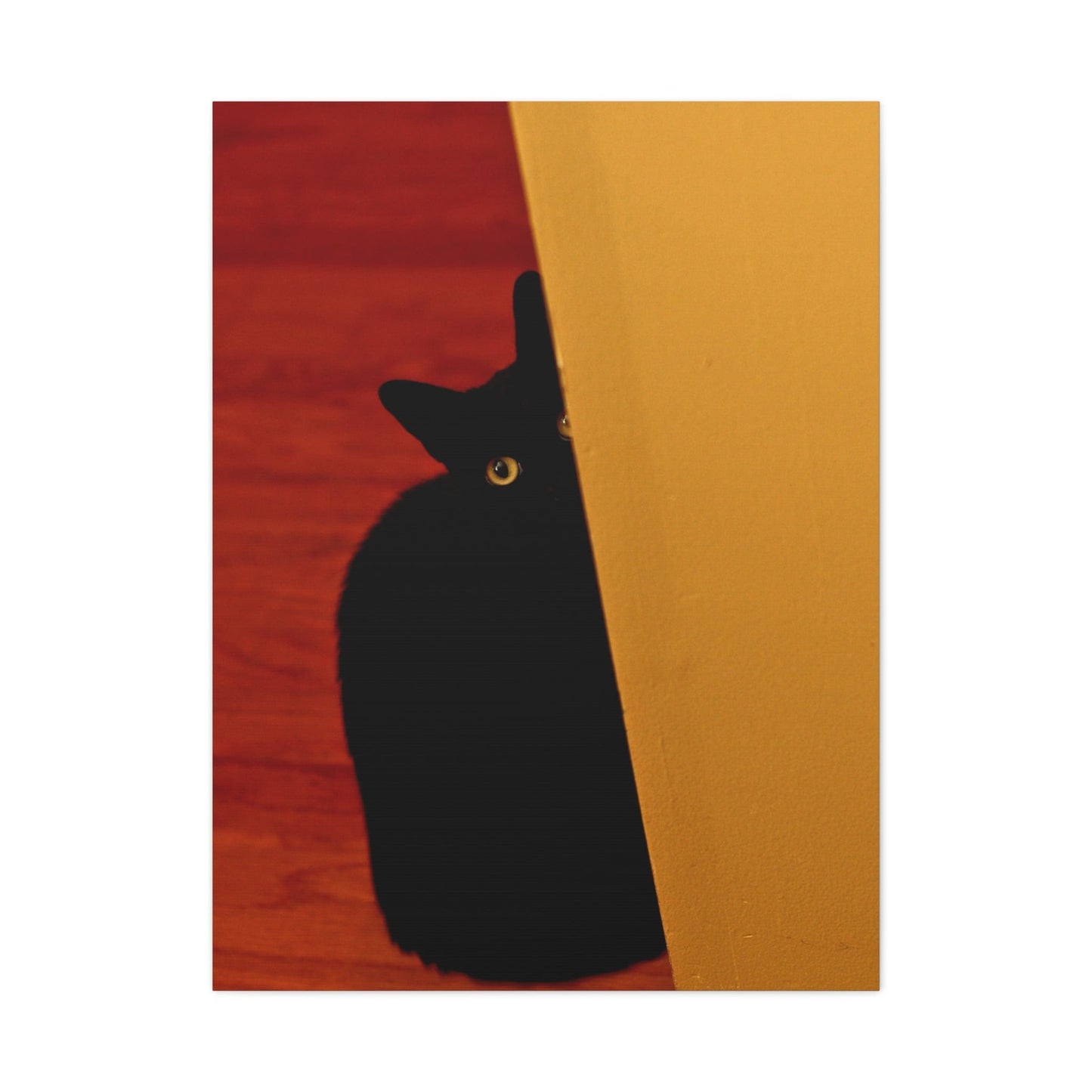 Canvas 30" x 40" (Vertical) / 1.25" Black Cat With Yellow Eyes Peeking Out Of A Wall, Stretched Matte Canvas