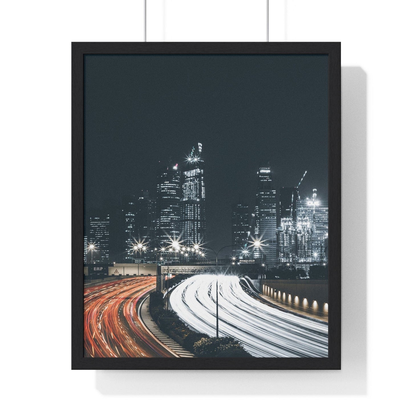 Poster 16" x 20" / Black Traffic Time Lapse With City Skyline Background, Framed Print