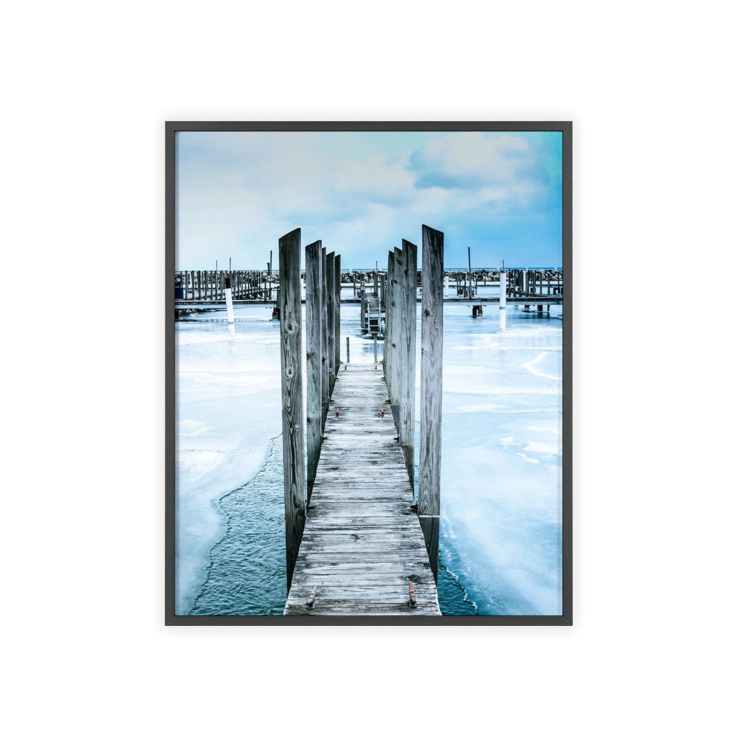 Poster 16" x 20" (Vertical) / Black Frame / Matte Wooden Footbridge Across A Frozen Lake, Framed Print