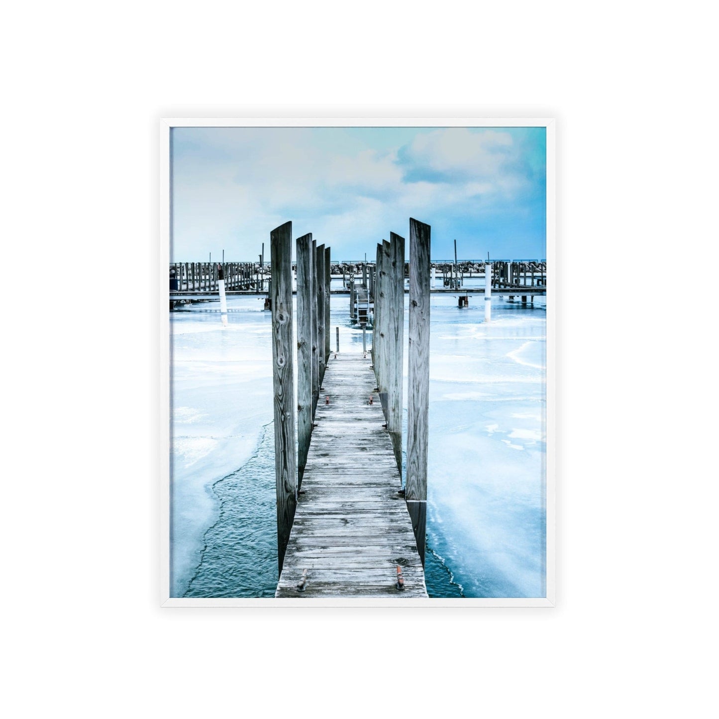 Poster 16" x 20" (Vertical) / White Frame / Matte Wooden Footbridge Across A Frozen Lake, Framed Print