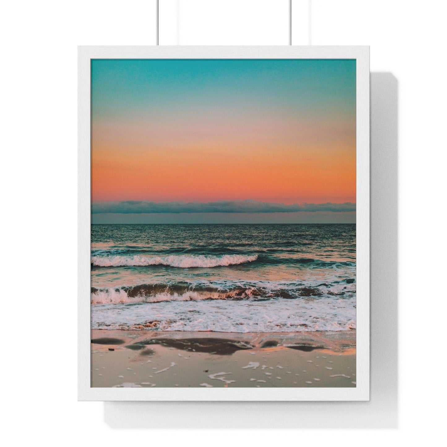 Poster 16" x 20" / White Ocean beach sunset, Framed Print