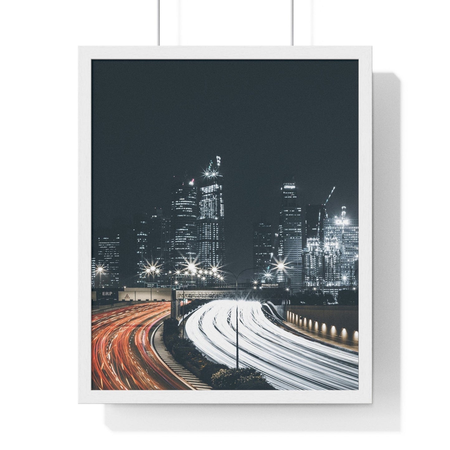 Poster 16" x 20" / White Traffic Time Lapse With City Skyline Background, Framed Print