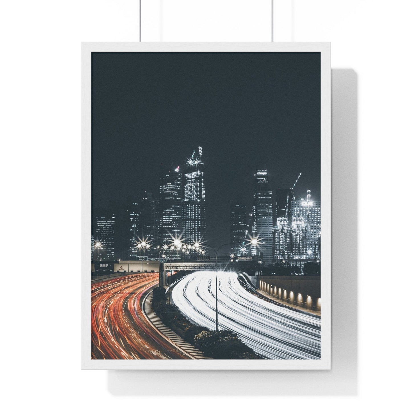 Poster 18″ x 24″ / White Traffic Time Lapse With City Skyline Background, Framed Print