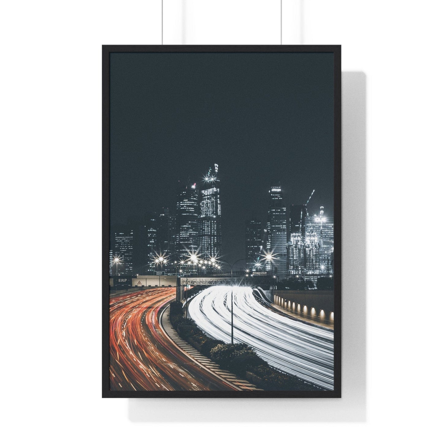 Poster 24″ x 36″ / Black Traffic Time Lapse With City Skyline Background, Framed Print