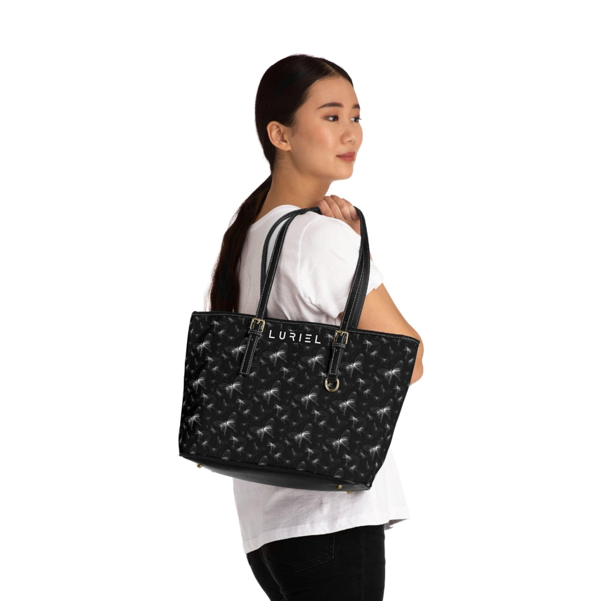 Bags 16" x 10" / Black Butterflies in the Dark Women's Vegan Leather Tote Bag