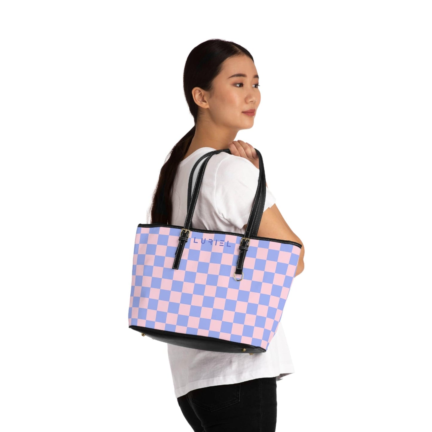 Bags 16" x 10" / Black Checkered Pink Skies Women's Vegan Leather Tote Bag