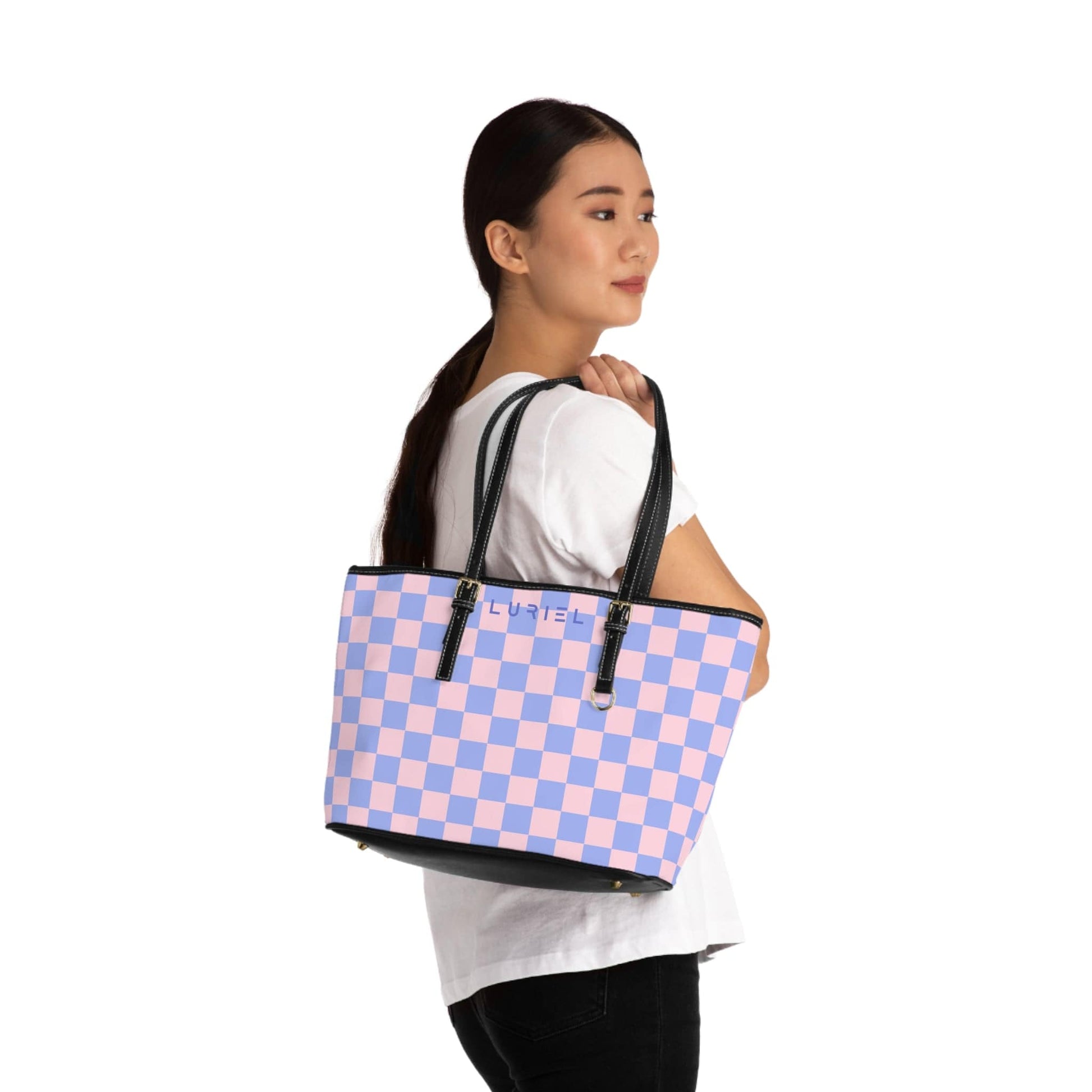 Bags 16" x 10" / Black Checkered Pink Skies Women's Vegan Leather Tote Bag