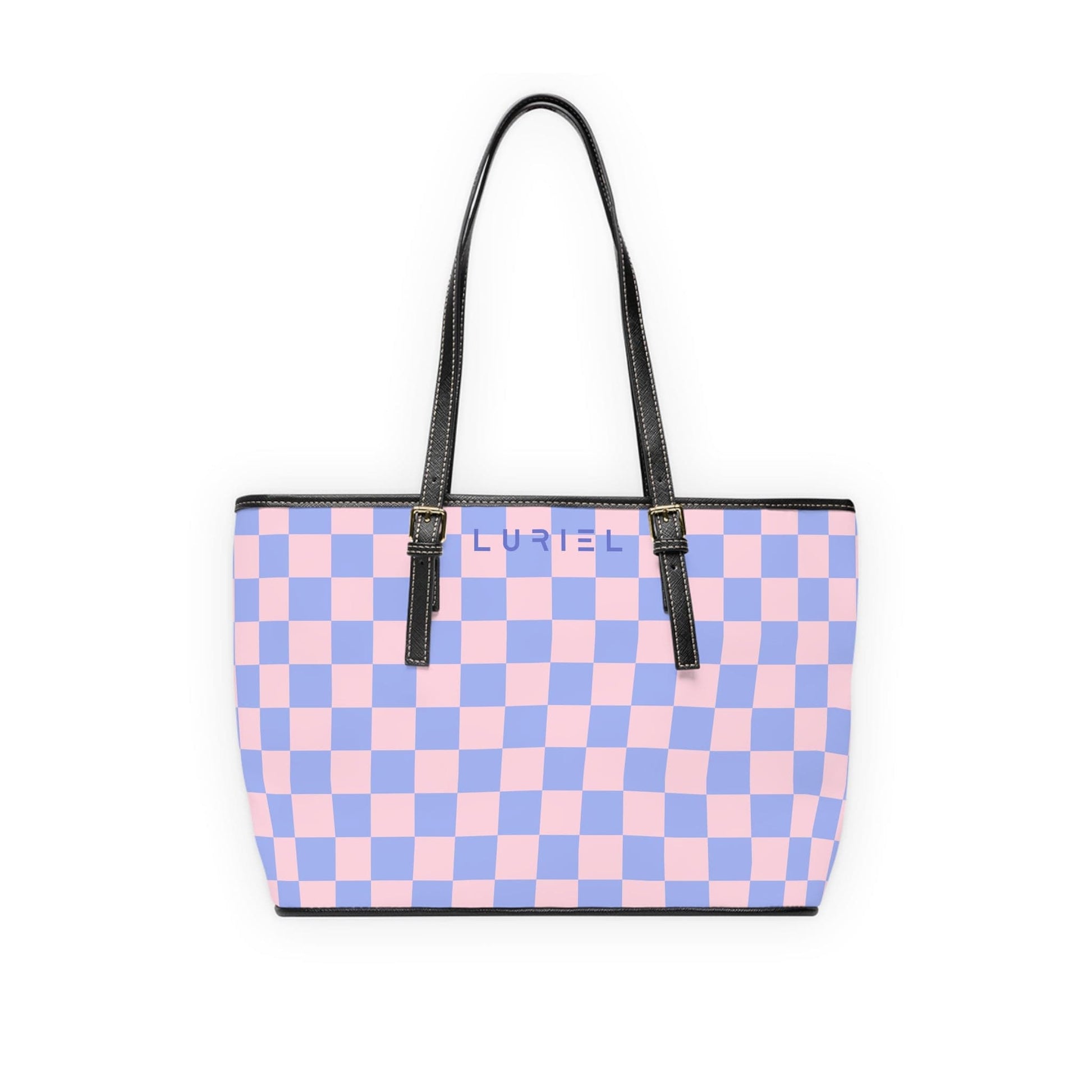 Bags 16" x 10" / Black Checkered Pink Skies Women's Vegan Leather Tote Bag
