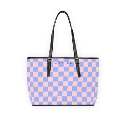 Bags 16" x 10" / Black Checkered Pink Skies Women's Vegan Leather Tote Bag