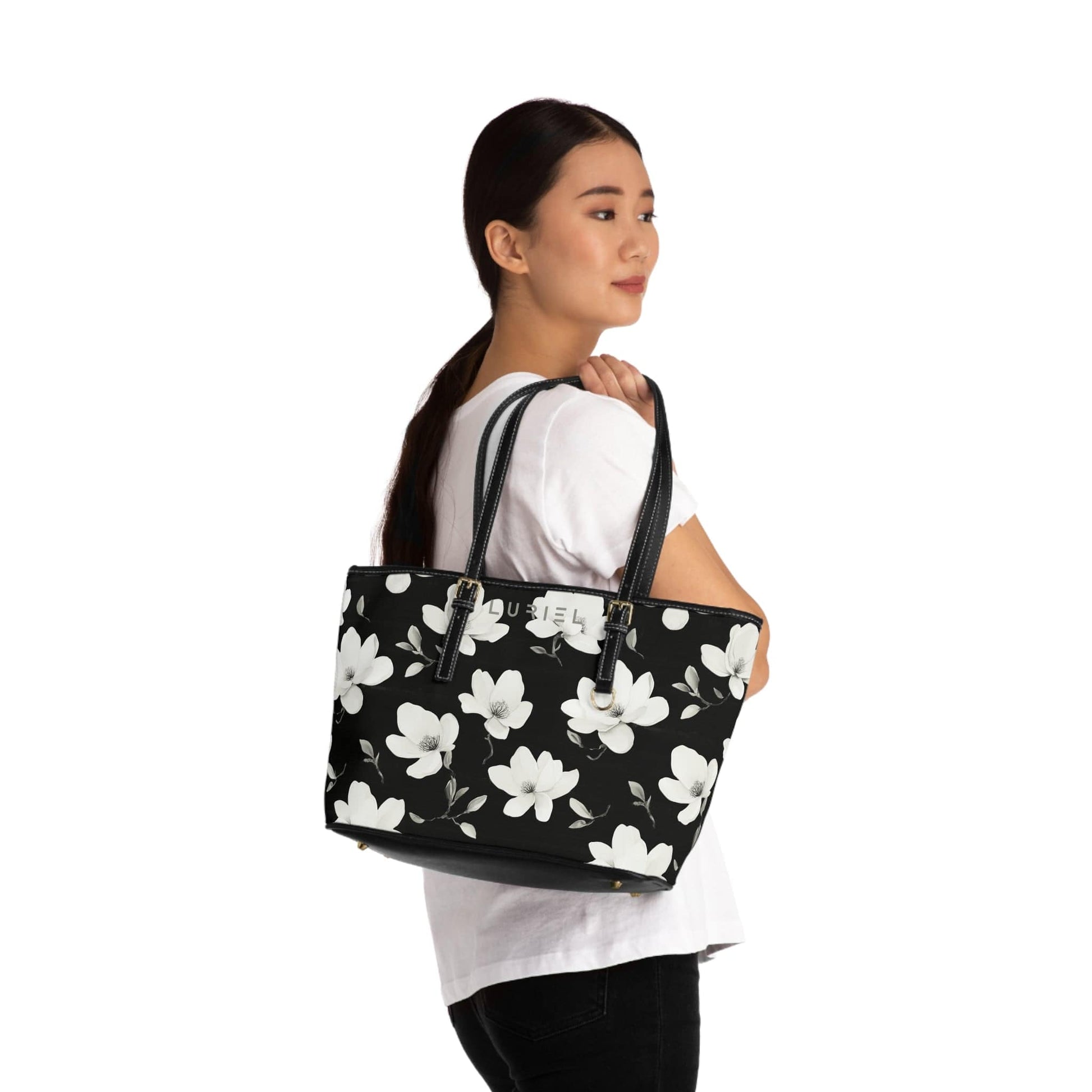 Bags 16" x 10" / Black White Lotus Women's Vegan Leather Tote Bag