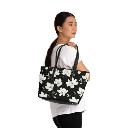 Bags 16" x 10" / Black White Lotus Women's Vegan Leather Tote Bag