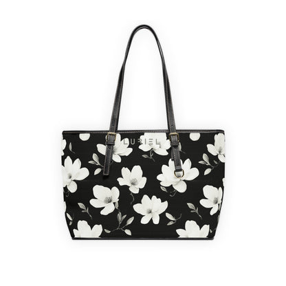 Bags 16" x 10" / Black White Lotus Women's Vegan Leather Tote Bag
