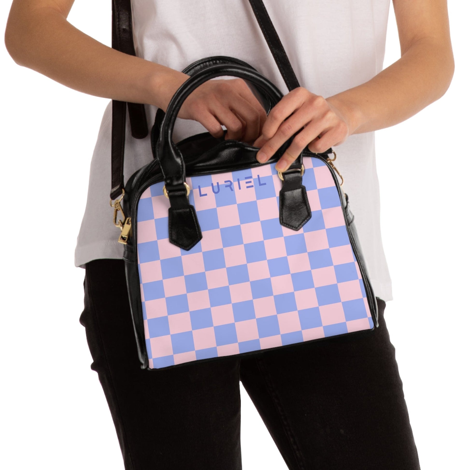 Bags 9.45" x 8.27" / Black Checkered Pink Skies Women's Vegan Leather Shoulder Bag