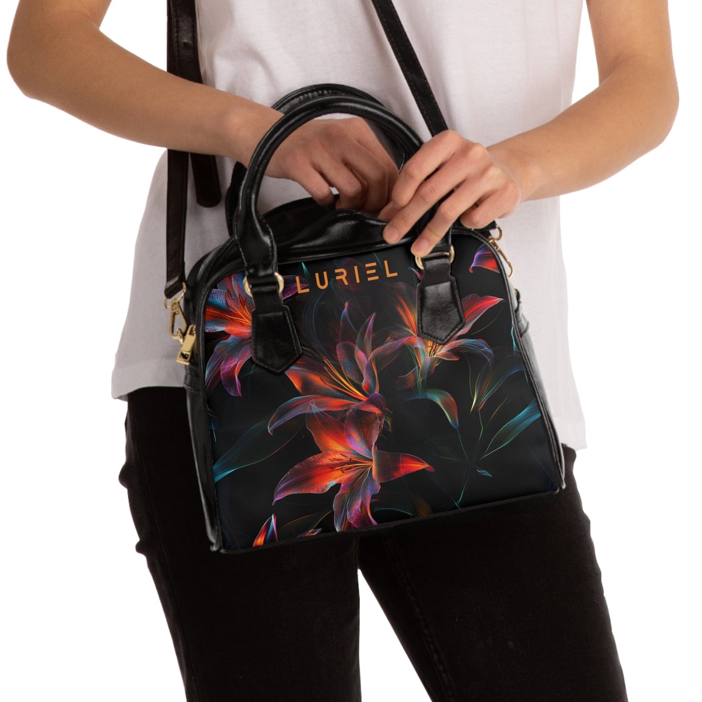 Bags 9.45" x 8.27" / Black Dance Of The Lilies Women's Vegan Leather Shoulder Bag