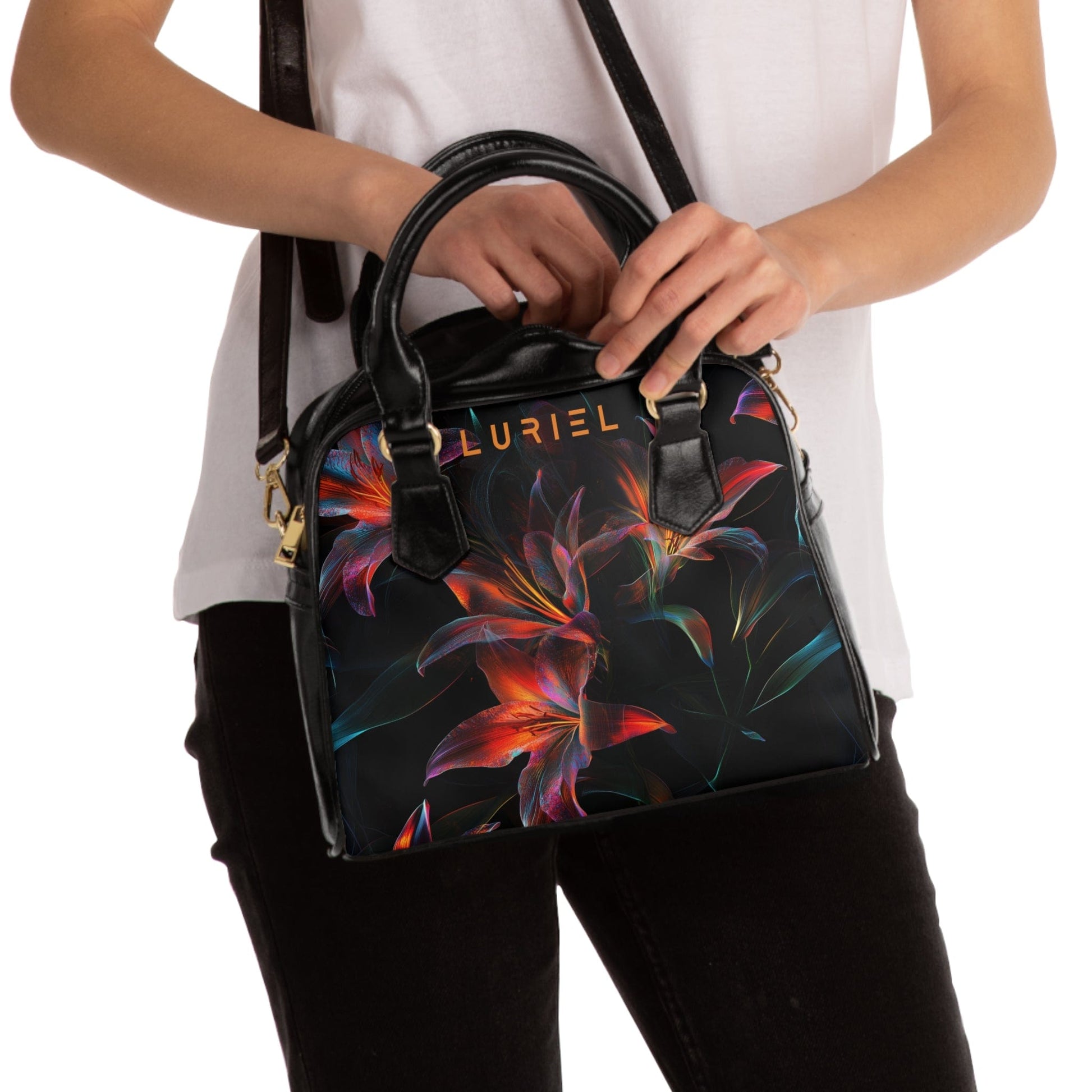 Bags 9.45" x 8.27" / Black Dance Of The Lilies Women's Vegan Leather Shoulder Bag