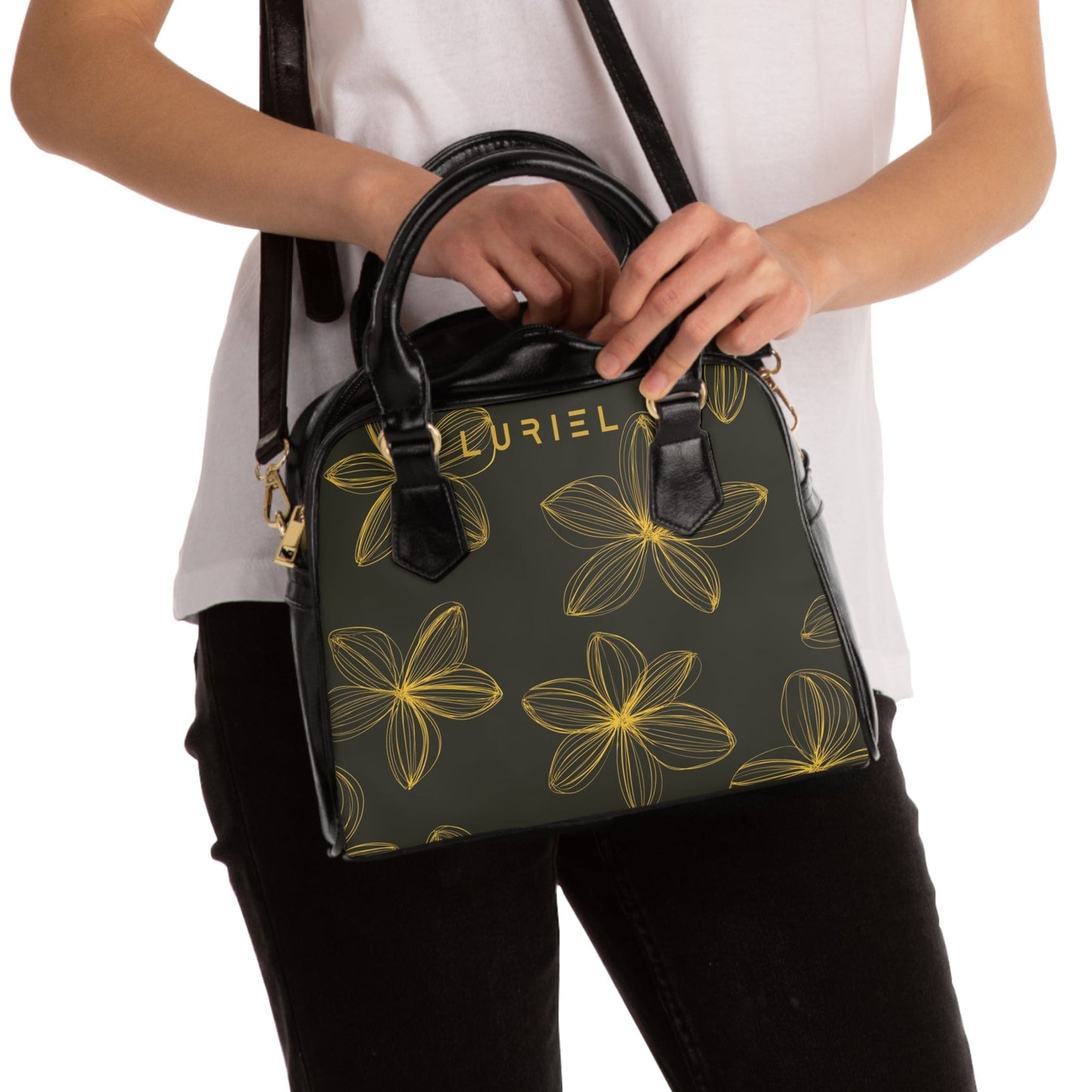 Bags 9.45" x 8.27" / Black Floral Aesthetic Women's Vegan Leather Shoulder Bag