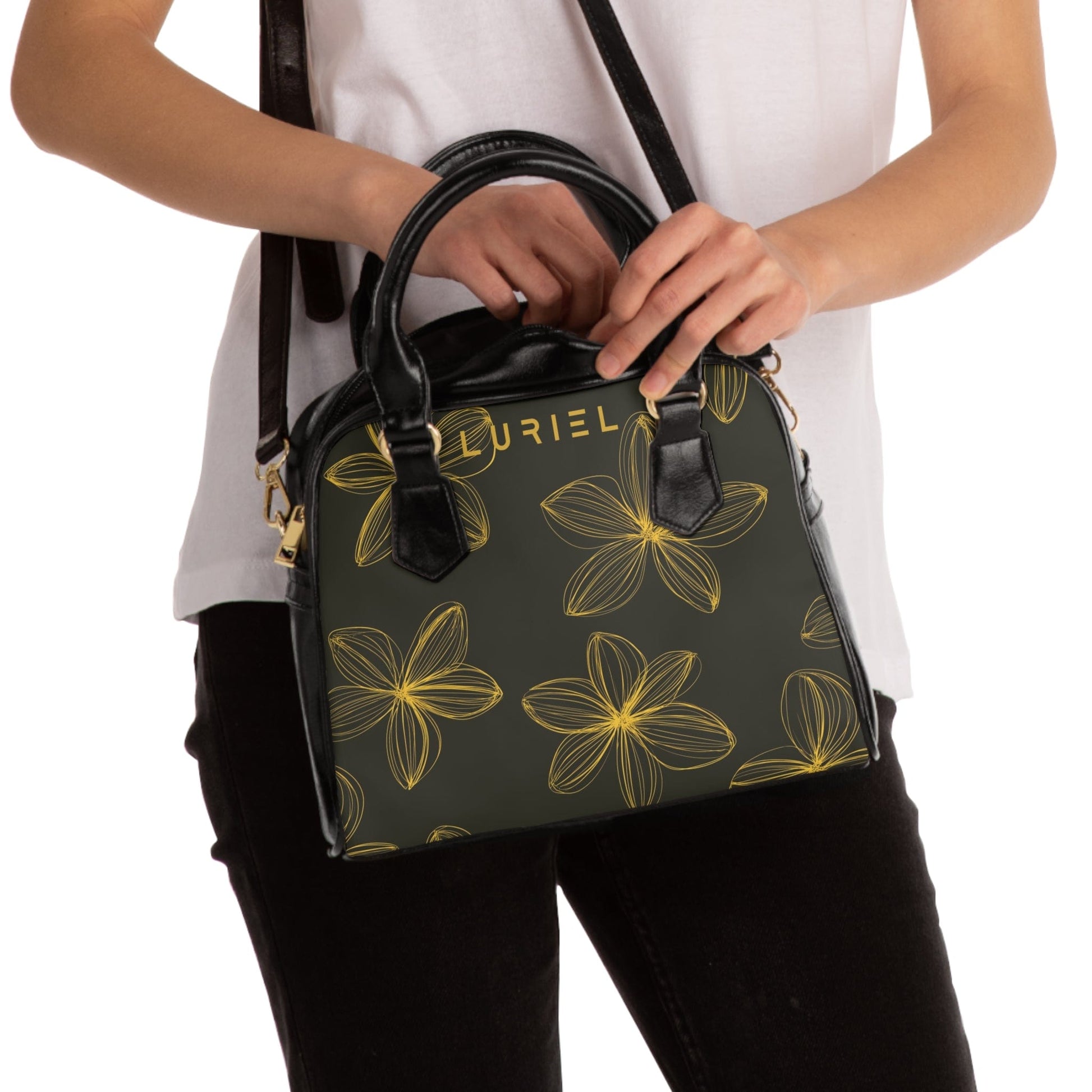 Bags 9.45" x 8.27" / Black Floral Aesthetic Women's Vegan Leather Shoulder Bag