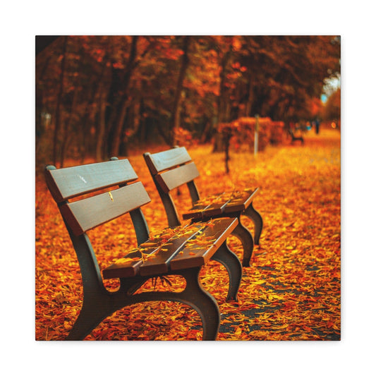 Bedroom Art Canvas 16″ x 16″ / 1.25" Empty Bench in Autumn, Stretched Matte Canvas