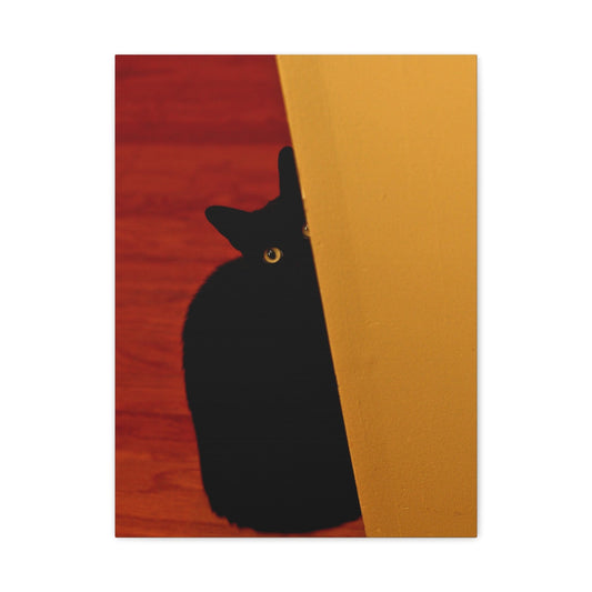 Canvas 18″ x 24″ (Vertical) / 1.25" Black Cat With Yellow Eyes Peeking Out Of A Wall, Stretched Matte Canvas