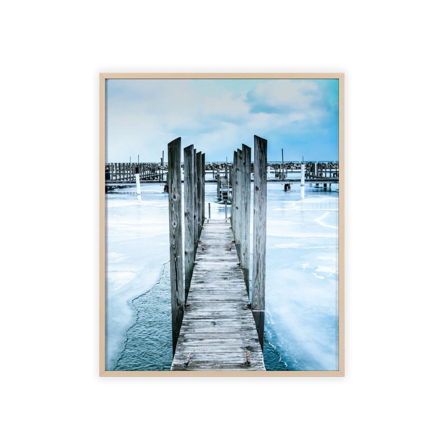 Poster 16" x 20" (Vertical) / Natural Wood Frame / Satin Wooden Footbridge Across A Frozen Lake, Framed Print