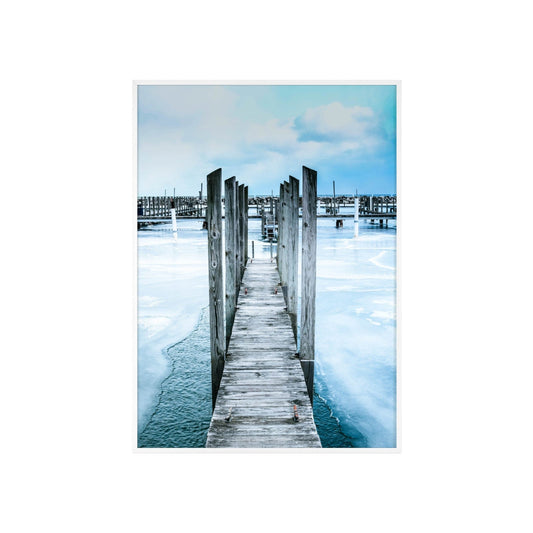 Poster 20″ x 28″ (Vertical) / White Frame / Satin Wooden Footbridge Across A Frozen Lake, Framed Print